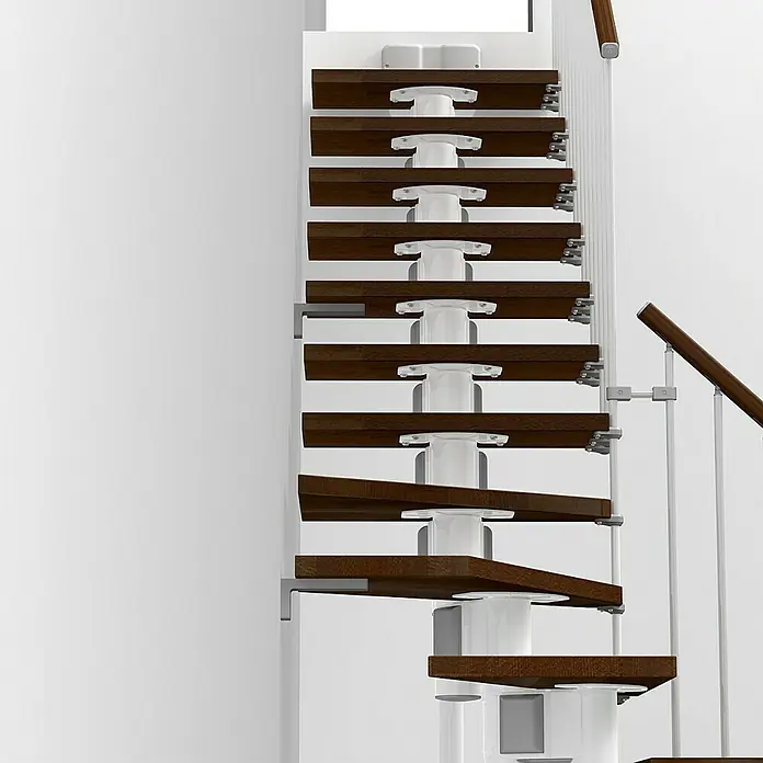 Fontanot Arké Mittelholmtreppe Kompact 74 - Breite: 74 cm, Weiß, 1/4-gewendelt, Farbe Stufen: Buche Dunkel, Geschosshöhe: 191 cm - 303 cm - Detailaufnahme