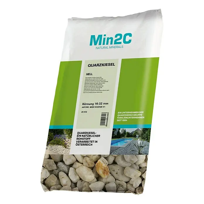 Min2C Quarzkiesel - Hell, Körnung: 16 mm - 32 mm, 25 kg - Vorderansicht