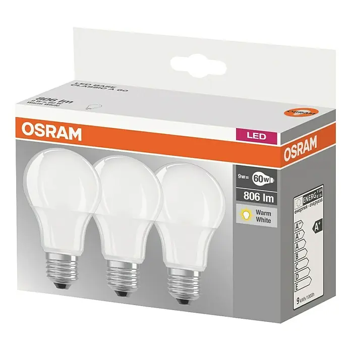 Osram LED-Leuchtmittel Classic A60 - 3 Stk., 9 W, E27, Warmweiß