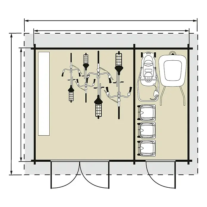 Caseta de madera Lahja - Área: 12,3 m², Espesor de pared: 28 mm, 2 piezas independientes