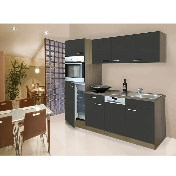 Respekta Singleküche KB205EYGC - Breite: 205 cm, Mit Glaskeramikkochfeld, Eiche York-Nachbildung, Grau