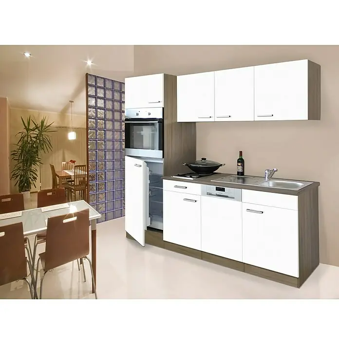 Respekta Singleküche KB205EYW - Breite: 205 cm, Mit Duo-Kochmulde, Eiche York-Nachbildung, Weiß