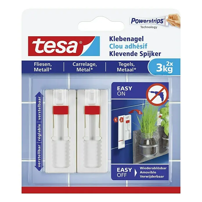 Tesa Verstellbarer Klebenagel - Geeignet für: Fliesen, Belastbarkeit: 3 kg, 2 Stk., Weiß - Vorderansicht