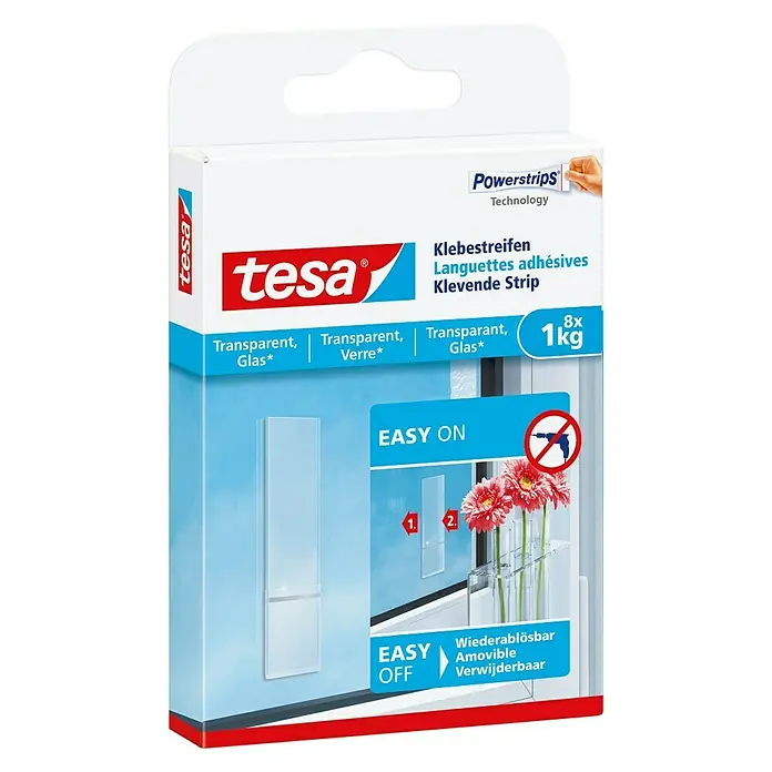 Tesa Klevende strip - Geschikt voor: Glas, Belastbaarheid: 1 kg, 8 stk., Transparant - Zijaanzicht links