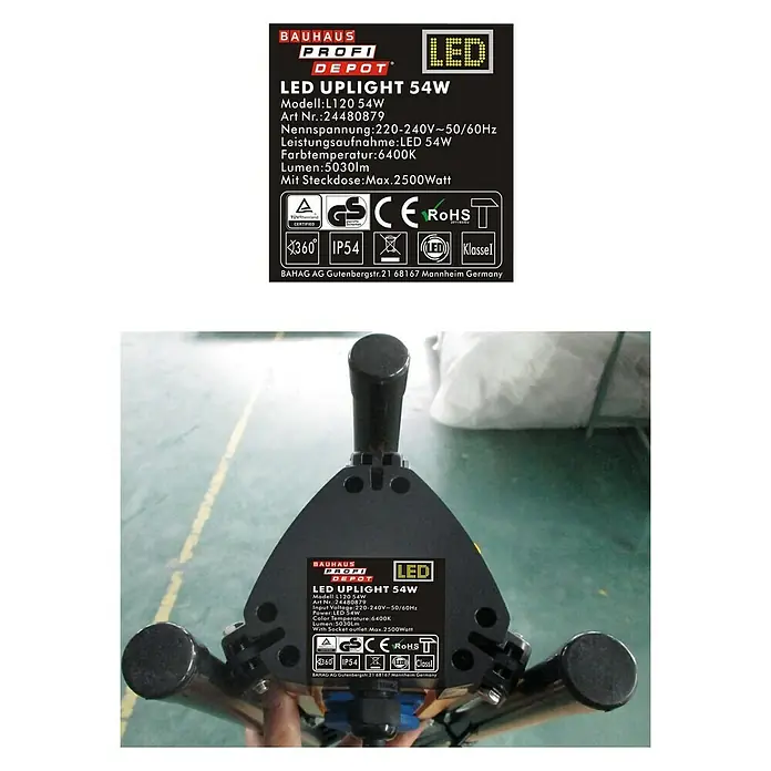 Profi Depot Proyector LED L120 - 54 W, Blanco diurno, 158 cm, IP54 - Primer plano