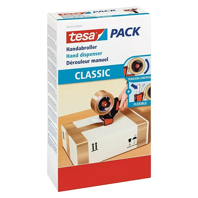 Tesa Pack Handabroller Classic - Geeignet für: Paketklebebänder bis 50 mm Breite - Linke Seitenansicht