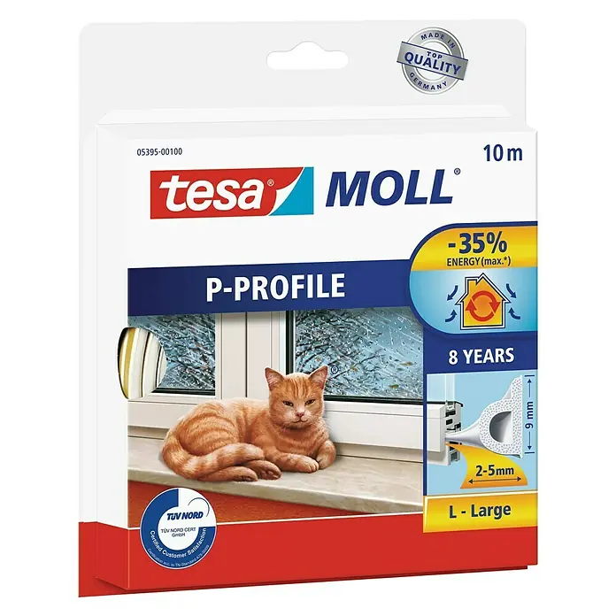 Tesa MOLL P-Profildichtung - Weiß, 10 m x 9 mm x 5,5 mm, Geeignet für: Spaltenbreiten 2 - 5 mm - Vorderansicht