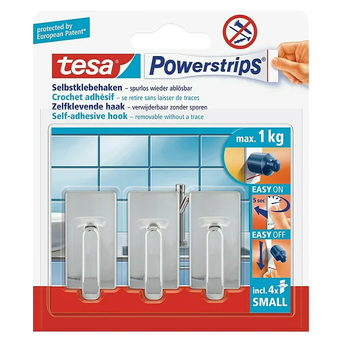 Tesa Powerstrips Samoljepljivi držač - Veličina: S, Krom, 3 Kom. - Pogled sprijeda