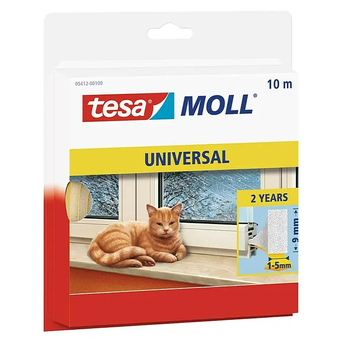 Tesa MOLL Schaumstoffdichtung Universal - Weiß, 10 m x 9 mm x 6 mm, Geeignet für: Spaltenbreiten 1 - 5 mm - Vorderansicht