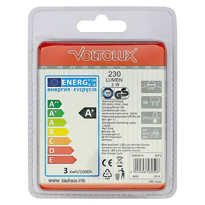 Voltolux LED žarulja - 3 W, G9, Topla bijela - Pogled sprijeda