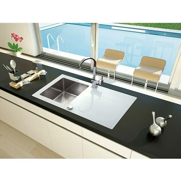 Respekta Glasspüle New York - 86 x 50 cm, Edelstahl/Glas, Weiß