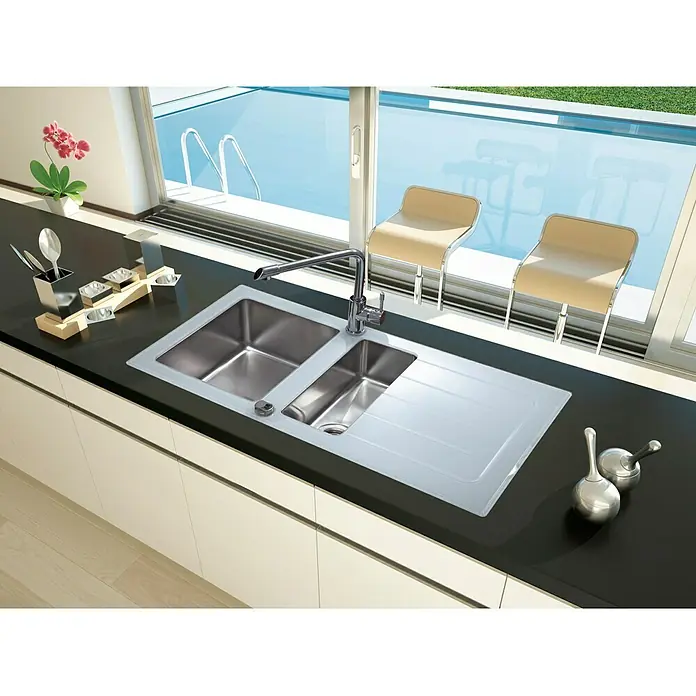 Respekta Glasspüle New York - 100 x 50 cm, Edelstahl/Glas, Weiß
