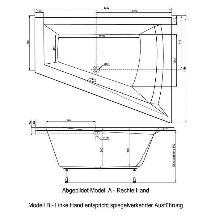 Ottofond Badewanne Cebu 2 A - Rechtsseitig, 175 x 135/70 x 50 cm, Sanitäracryl, Weiß - Ansicht von oben