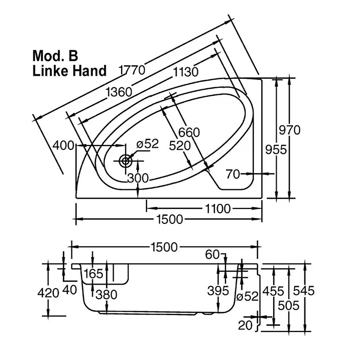 Ottofond Badewanne Sansibar B - Linksseitig, 150 x 97 cm, Sanitäracryl, Weiß - Ansicht von oben