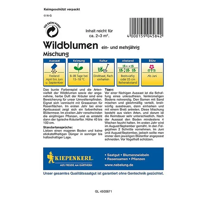 Kiepenkerl Profi-Line Blumensamenmischung Wildblumen - Blütezeit: Juni, 2 m² - 3 m² - Rückansicht