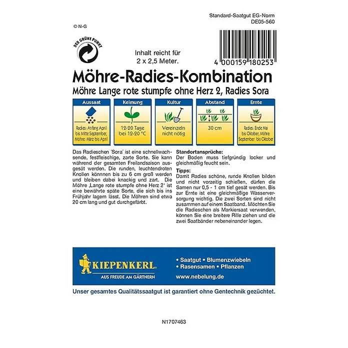 Kiepenkerl Profi-Line Gemüsesamen Möhre-Radies-Kombination - Daucus carota, Raphanus sativus, Erntezeit: September