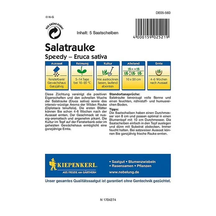 Kiepenkerl Profi-Line Gemüsesamen Saatscheibe Rucola Speedy - Eruca sativa, Erntezeit: Ganzjährig - Rückansicht