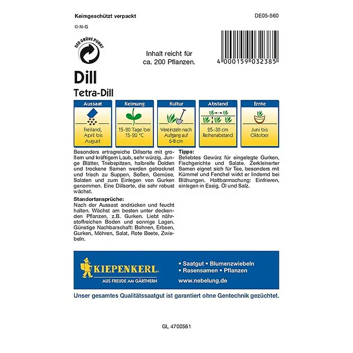 Kiepenkerl Profi-Line Kräutersamen Dill Tetra - Anethum graveolens var. hortorum, Saatzeit: April, Erntezeit: Ganzjährig - Rückansicht