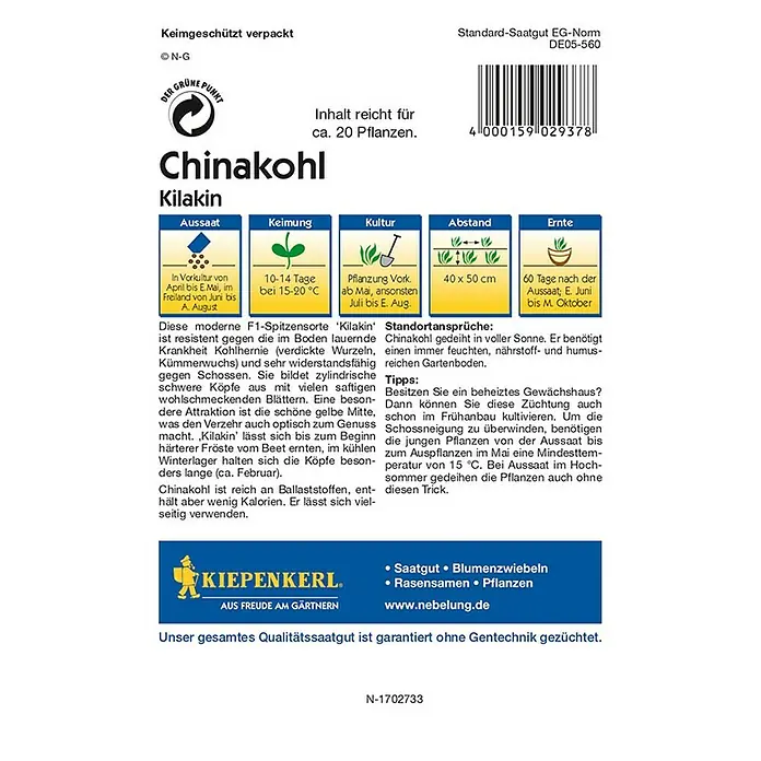 Kiepenkerl Profi-Line Gemüsesamen Chinakohl - Brassica rapa var. pekinensis, Erntezeit: Juni - Rückansicht