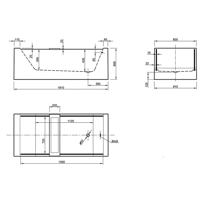 Ottofond Freistehende Badewanne Optic - 181 x 81 cm, Mineralguss, Weiß - Ansicht von oben