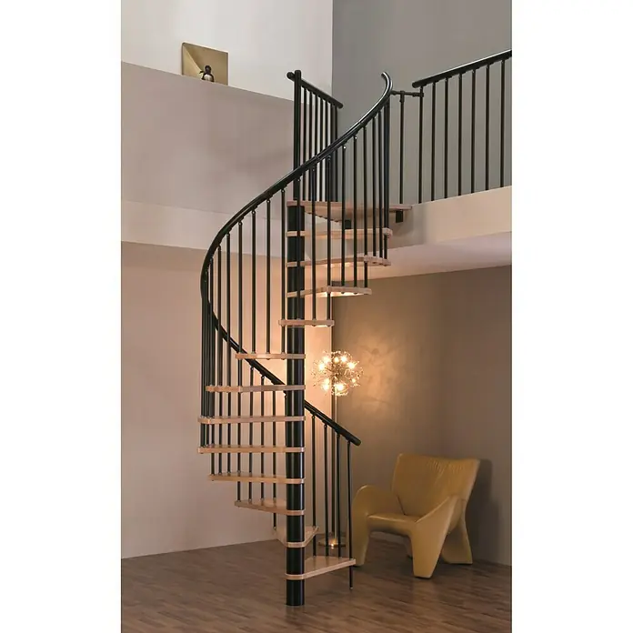 Minka Spindeltreppe Spiral Effect - Durchmesser: 160 cm, Schwarz, Farbe Stufen: Buche Hell, Geschosshöhe: 309 cm - Stimmungsaufnahme