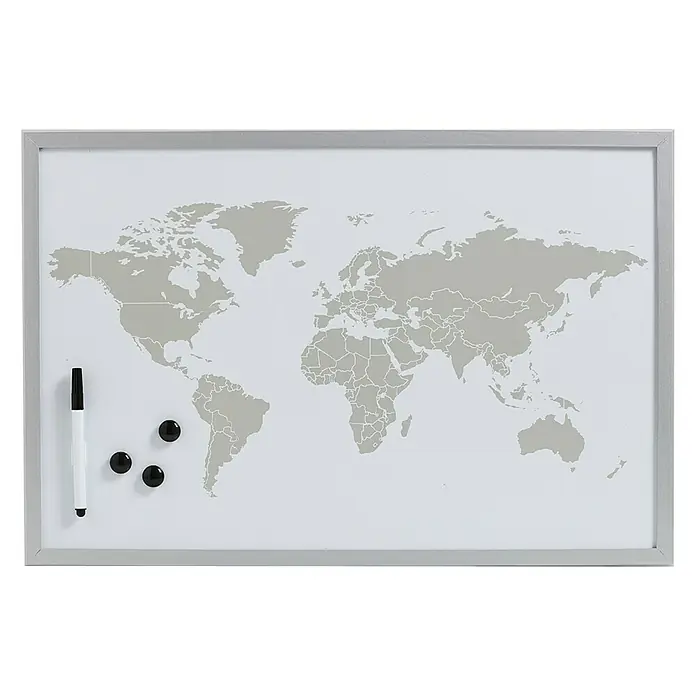 Zeller Present Magnetna ploča za pisanje Karta svijeta - 60 x 40 cm, Magnetski fini lim, Aluminijsko siva-bijela - Pogled sprijeda