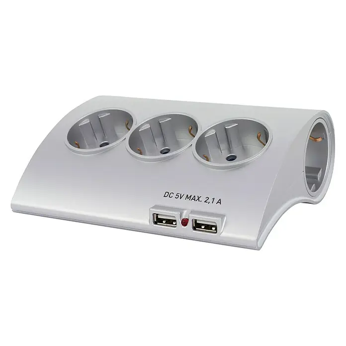 Voltomat Schreibtischsteckdosenleiste 5+2 - 2 USB-Anschlüsse, Silber