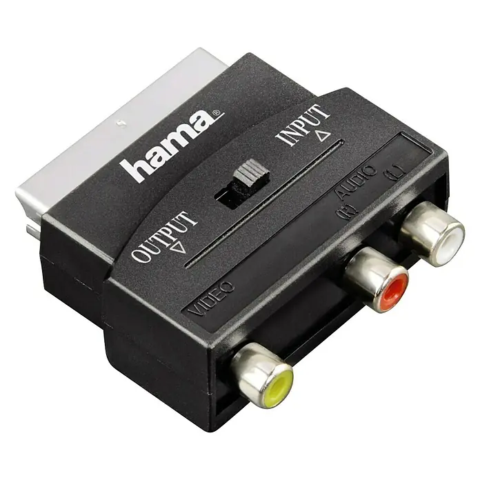 Hama Videoadapter - 1 x Scart-Stecker, 3 x Cinch-Kupplung, IN/OUT-Schalter - Vorderansicht