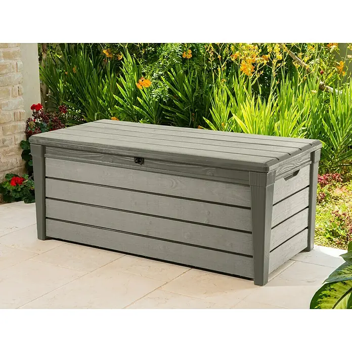 Keter Garten-Aufbewahrungsbox Brushwood - 145 x 69,7 x 60,3 cm, Polypropylen, Taupe - Vorderansicht