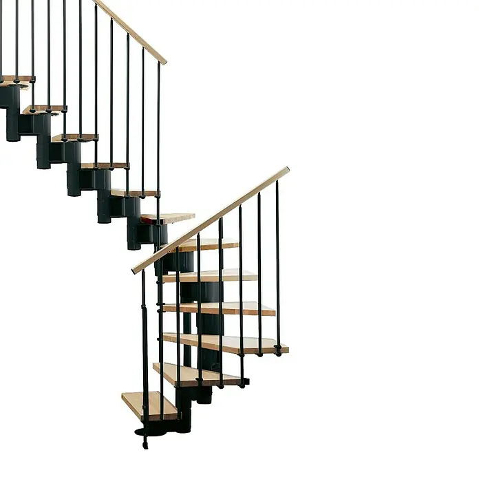 Fontanot Arké Mittelholmtreppe Kompact 74 - Breite: 74 cm, Schwarz, 2/4-gewendelt, Farbe Stufen: Buche Hell, Geschosshöhe: 191 cm - 303 cm - Vorderansicht