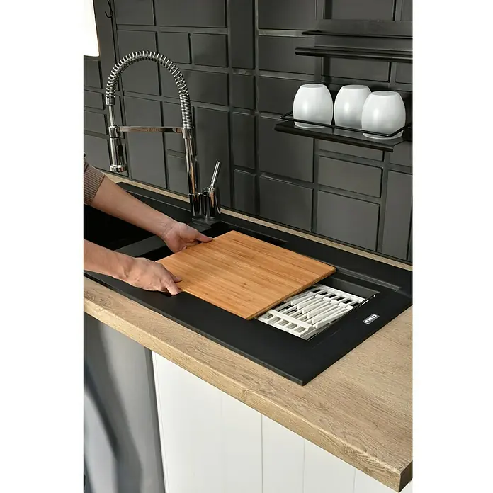 Carea Einbauspüle Katla - 118 x 50 cm, 2 Becken, CAREAlith®, Schwarz - Stimmungsaufnahme