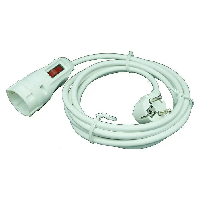 Voltomat Produžni kabel - 5 m, Bijele boje, Prekidač na spojci - Pogled sprijeda