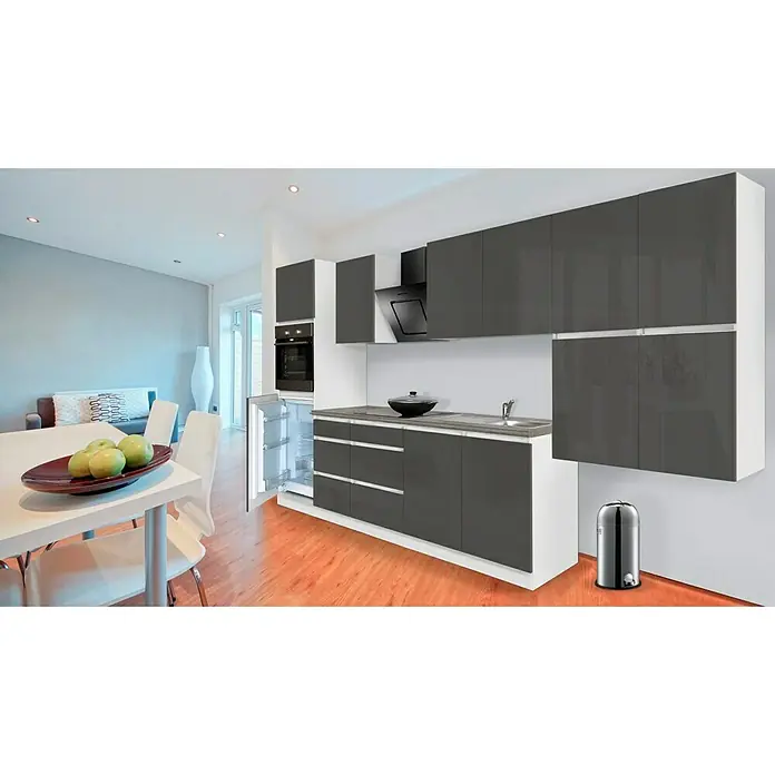 Respekta Premium Küchenzeile GLRP370HWG - Breite: 370 cm, Mit Elektrogeräten, Grau Hochglanz