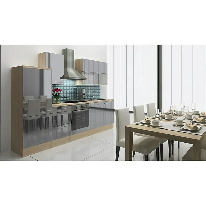 Respekta Küchenzeile Premium RP280AGC - L x B x H: 280 x 60 x 200 cm, Akazie-Nachbildung, Grau Hochglanz