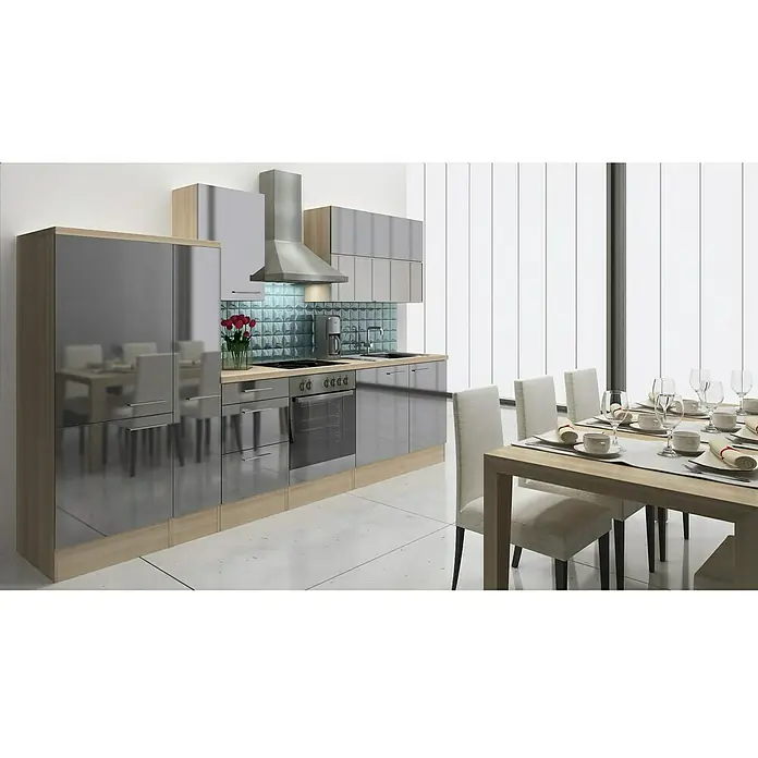 Respekta Küchenzeile Premium RP310AGC - L x B x H: 310 x 60 x 200 cm, Akazie-Nachbildung, Grau Hochglanz