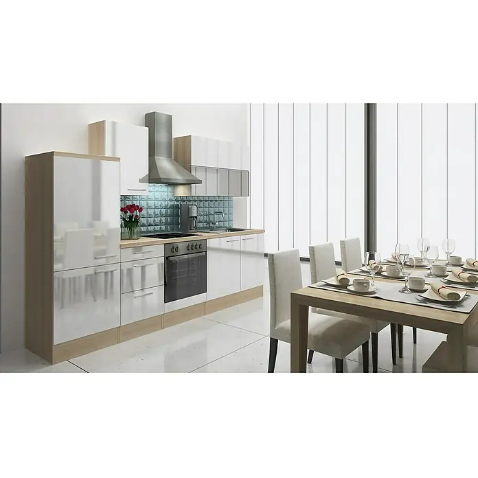 Respekta Küchenzeile Premium RP280AWC - L x B x H: 280 x 60 x 200 cm, Akazie-Nachbildung, Weiß Hochglanz