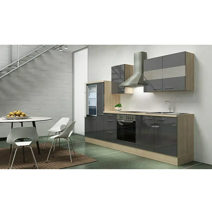 Respekta Küchenzeile Premium RP300AGC - L x B x H: 300 x 60 x 200 cm, Akazie-Nachbildung, Grau Hochglanz