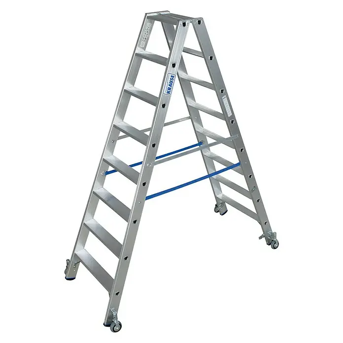 Krause Stabilo Stufen-Doppelleiter Fahrbar - Arbeitshöhe: 3,4 m, Anzahl Tritte: 2 x 8 Stufen, Tiefe Stufen: 80 mm, Material: Aluminium, Fahrbar - Linke Seitenansicht