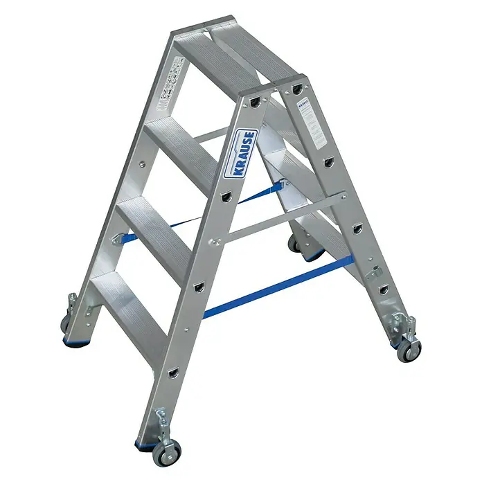 Krause Stabilo Stufen-Doppelleiter Fahrbar - Arbeitshöhe: 2,5 m, Anzahl Tritte: 2 x 4 Stufen, Tiefe Stufen: 80 mm, Material: Aluminium, Fahrbar - Linke Seitenansicht