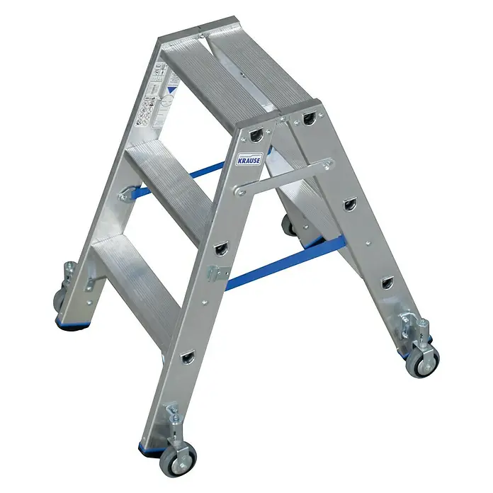 Krause Stabilo Stufen-Doppelleiter Fahrbar - Arbeitshöhe: 2,25 m, Anzahl Tritte: 2 x 3 Stufen, Tiefe Stufen: 80 mm, Material: Aluminium, Fahrbar - Linke Seitenansicht