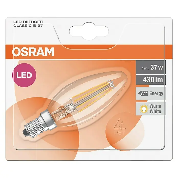 Osram LED žarulja Retrofit Classic B - 4 W, E14, Topla bijela, Bez prigušivanja, Prozirno - Pogled odozgo