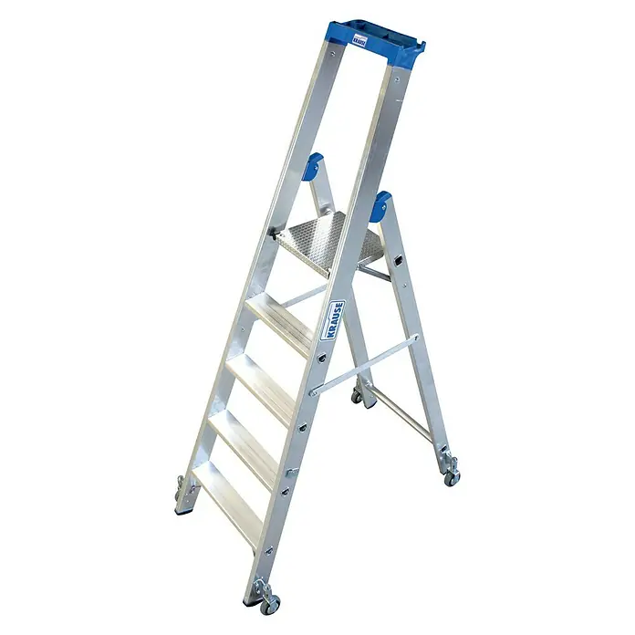 Krause Stabilo Stufenstehleiter Fahrbar - Arbeitshöhe: 3,2 m, Anzahl Tritte: 5 Stufen, Tiefe Stufen: 80 mm, Aluminium, Fahrbar - Linke Seitenansicht