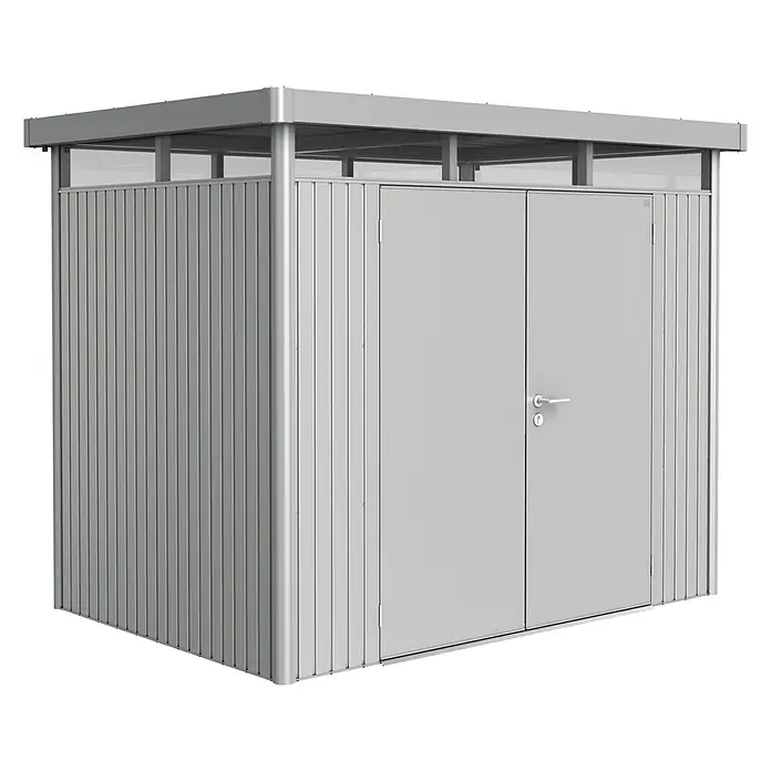 Biohort Gerätehaus HighLine H2 DT - Außenbreite inkl. Dachüberstand: 275 cm, Außentiefe inkl. Dachüberstand: 195 cm, Stahl, Quarzgrau, Doppeltür - Vorderansicht