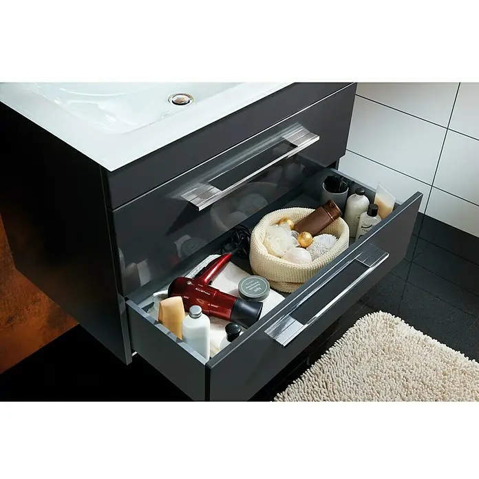 Camargue Stella Waschtischunterschrank - 79,4 x 48,9 x 55 cm, 2 Schubkästen, Ohne Beleuchtung, Berg Eiche - Anwendungsbeispiel