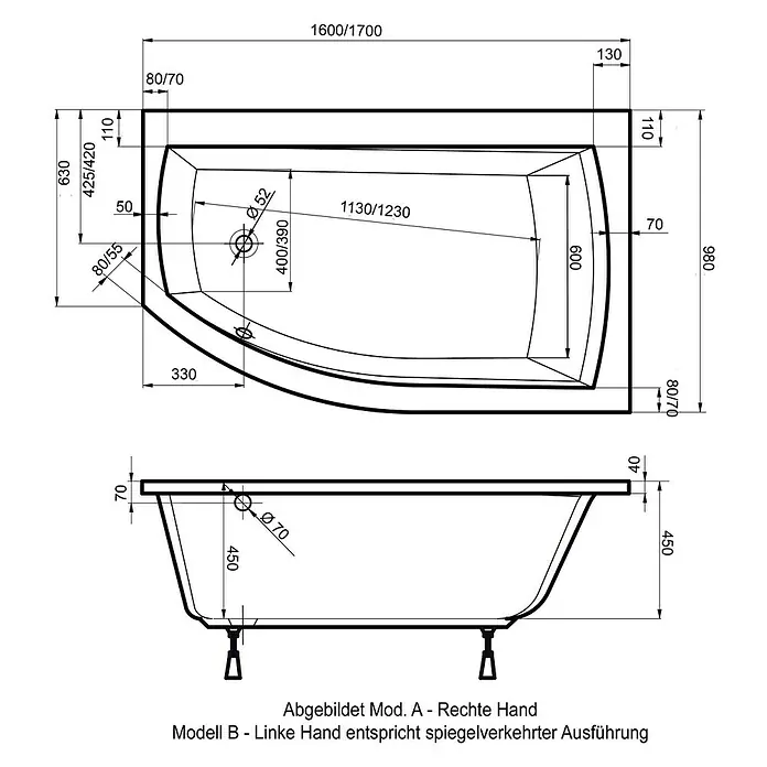 Ottofond Badewanne Juno A - Rechtsseitig, 170 x 98/63 x 45 cm, Sanitäracryl, Weiß - Vorderansicht