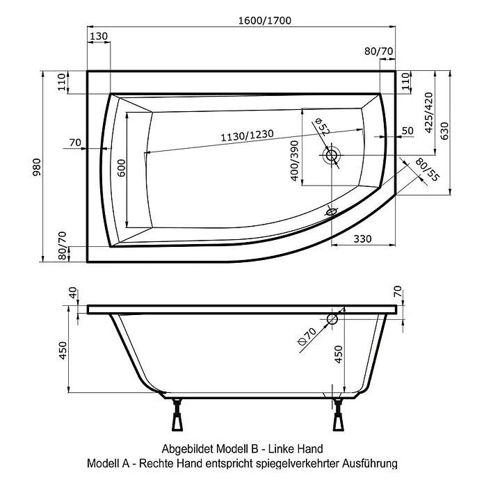 Ottofond Badewanne Juno B - Linksseitig, 170 x 98/63 x 45 cm, Sanitäracryl, Weiß - Vorderansicht