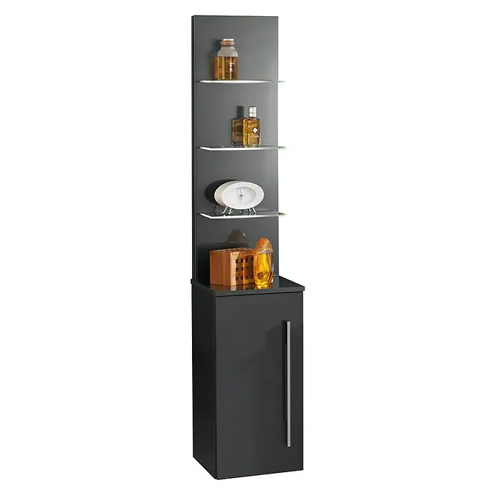 Camargue Stella Seitenschrank - 30,4 x 32,5 x 151,6 cm, 3 Glasböden mit LED-Beleuchtung, Grafit - Vorderansicht