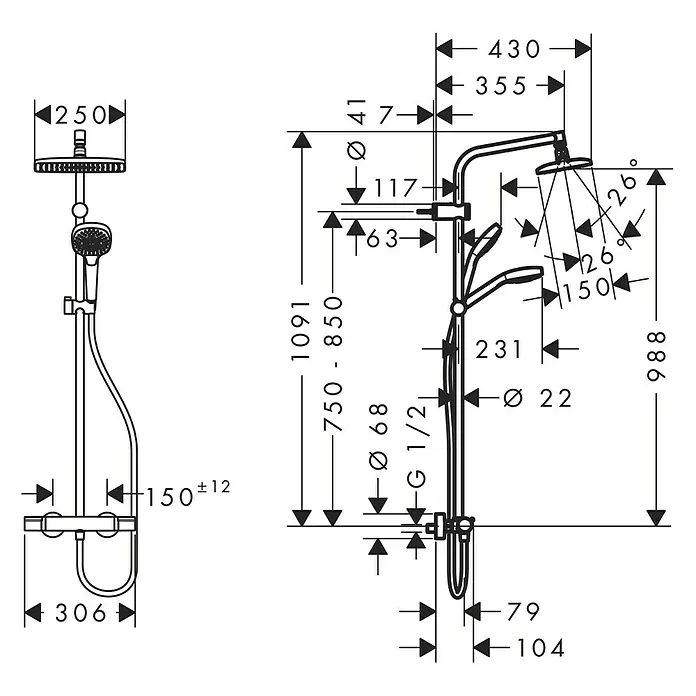 Hansgrohe Duschsystem Showerpipe My Select E 240 - Mit Thermostatarmatur, Lochabstand: 75 cm - 85 cm, Anzahl Strahlarten: 3 Stk., Chrom