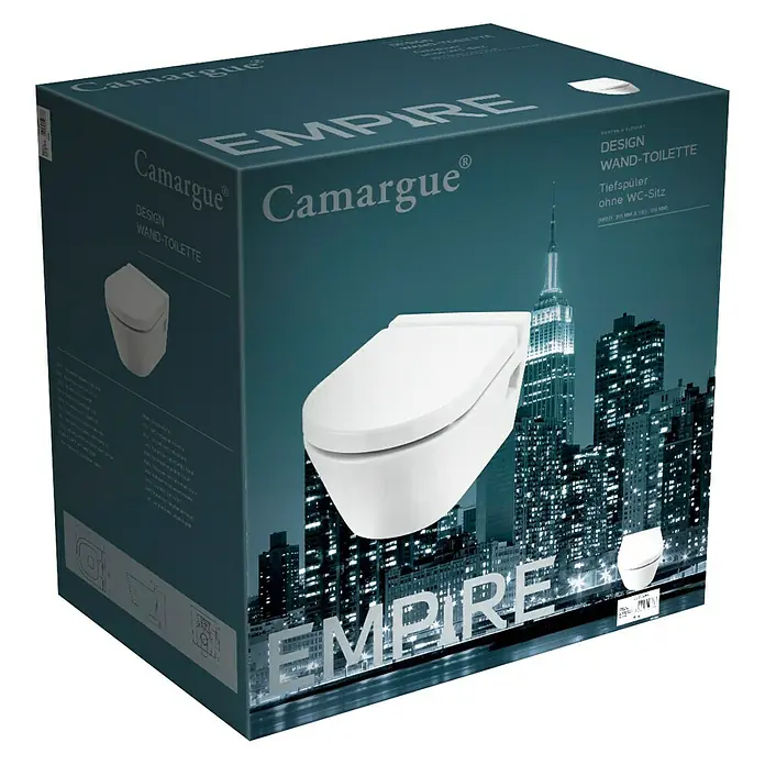 Camargue Empire Wand-WC - Mit Spülrand, Ohne Spezialglasur, Spülform: Tief, WC Abgang: Waagerecht, Weiß