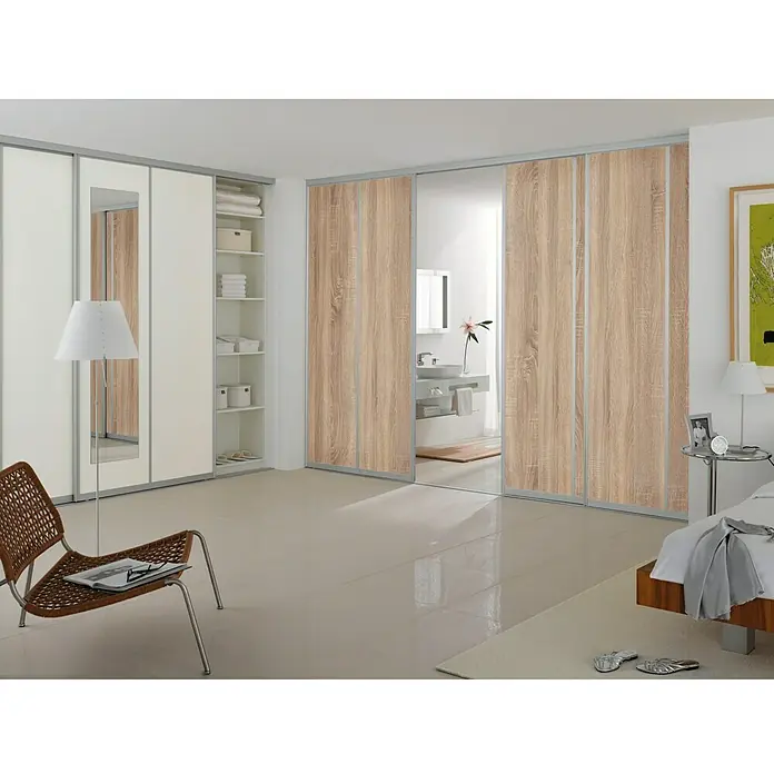 Room Plaza Easy Schiebetür-Bau-Set Room Plaza - Eiche geplankt/Eiche Trüffel, Profilfarbe: Silber - Stimmungsaufnahme